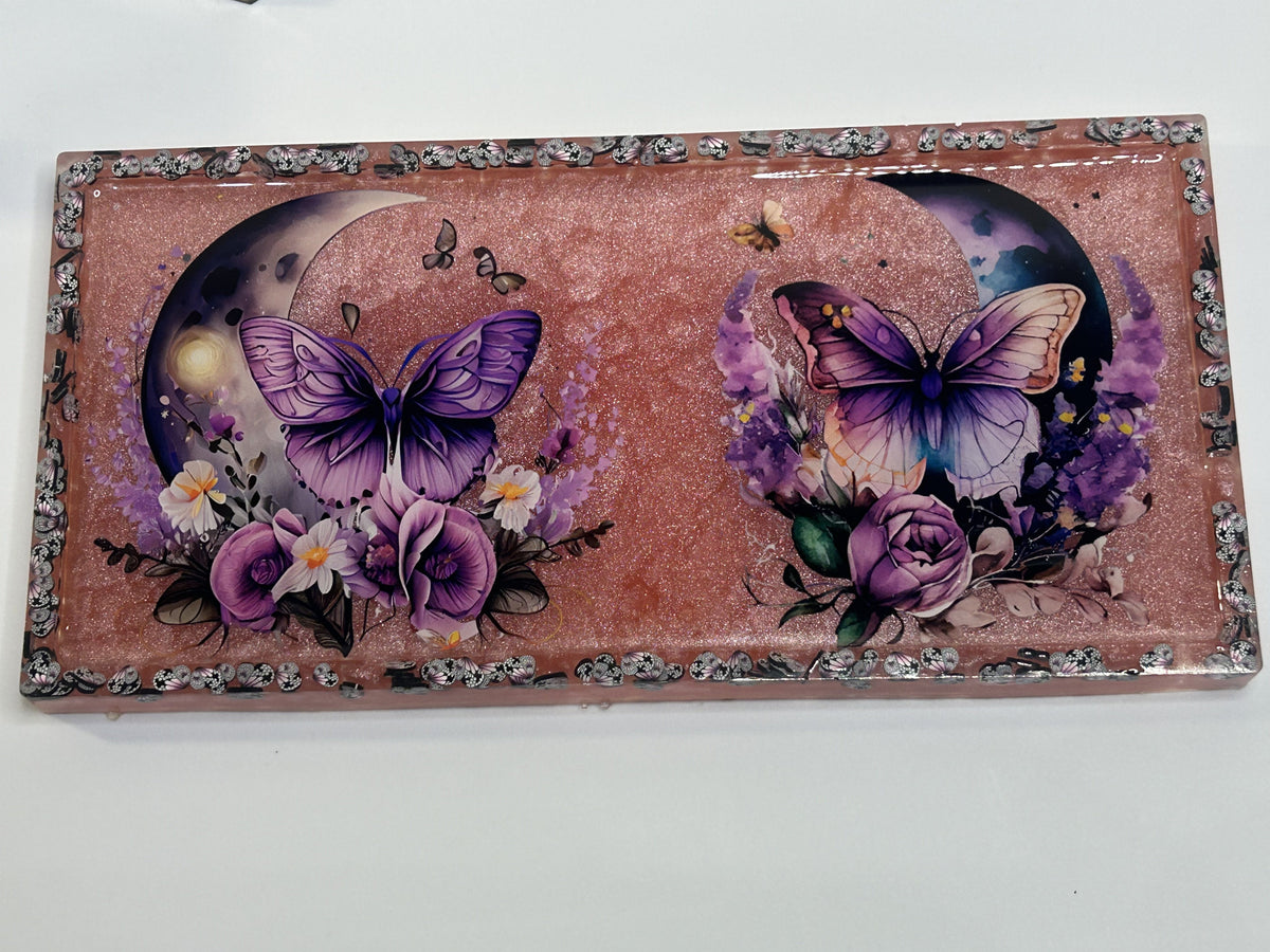 Large Pink Glitter Floral Butterfly Resin Tray